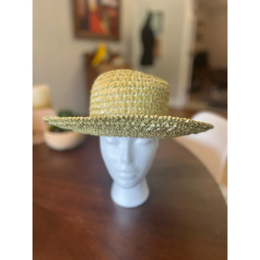 Adolfo II Sun Hat Womens OS Green Excellent Vintage Woven Straw Bow Charm Box